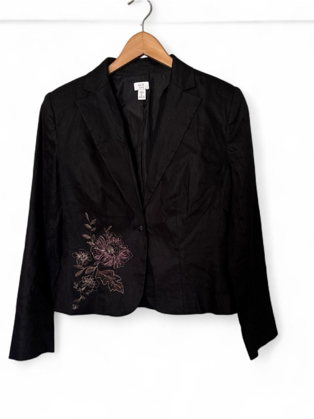 Apt 9 Petite Black Women's Linen Blend Blazer w Plum Floral Embroidery 6P